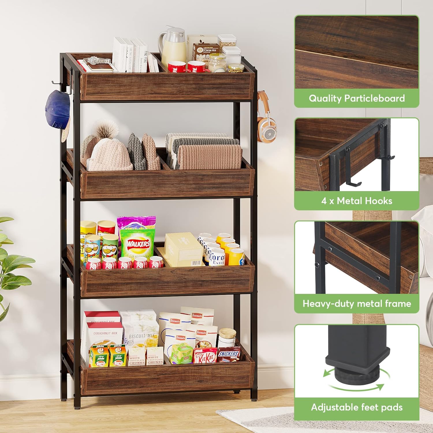 4-Tier Wood Fruit Vegetable Storage Basket Stand, Versatile Utility Shelf Rack C629574