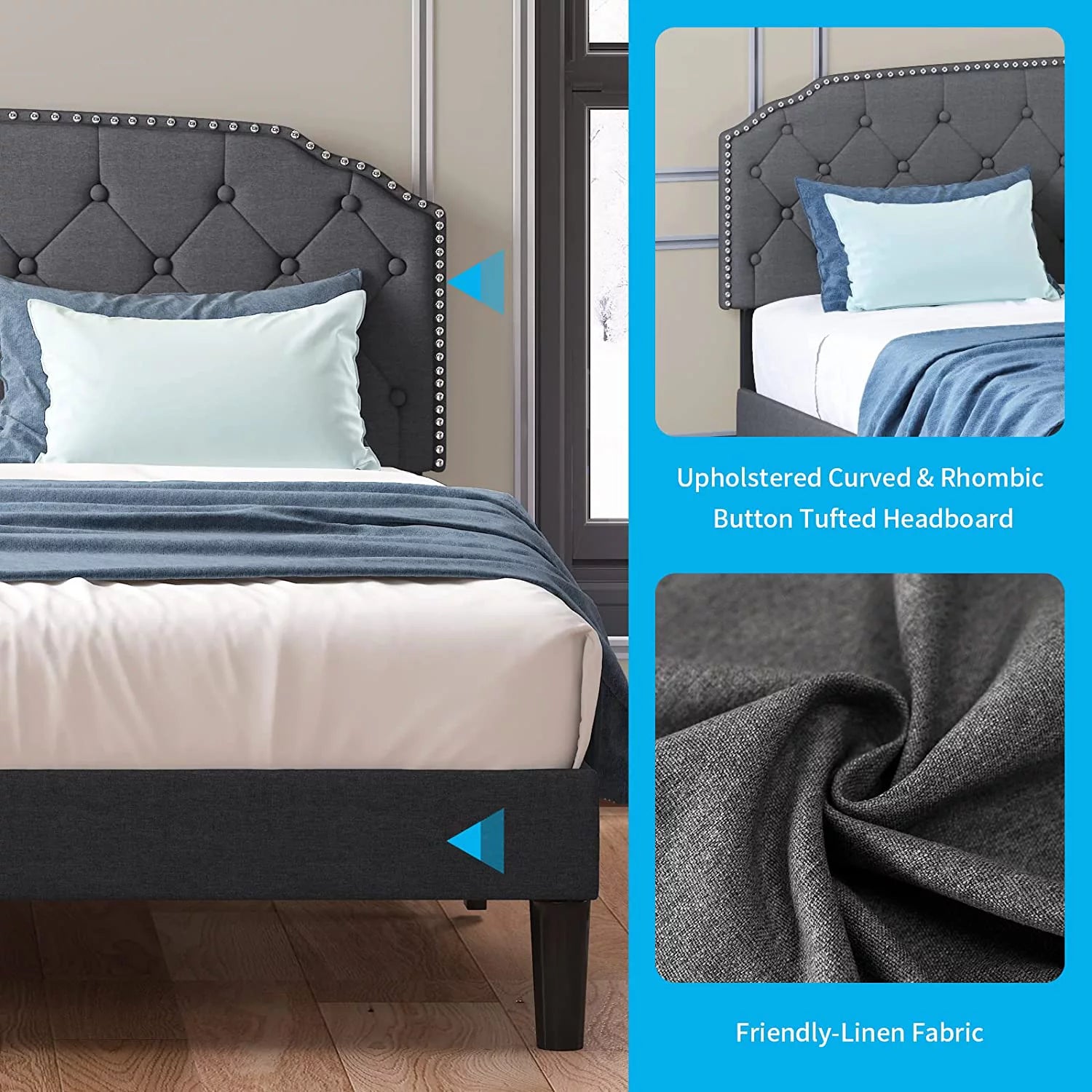 Queen Size Platform Bed Frame with Tufted Upholstered Headboard, Dark Grey E37329
