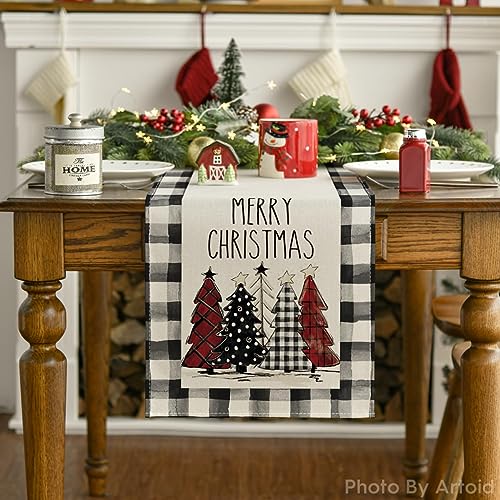 Buffalo Plaid Christmas Trees Table Runner, Winter Holiday Kitchen Dining Decor, 13 x 108 Inch D48516