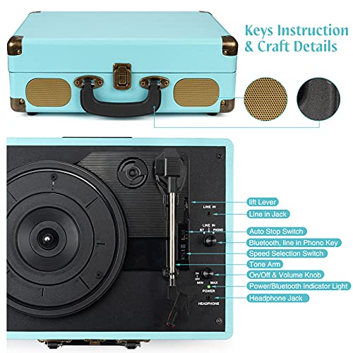 Bluetooth Portable Suitcase Vinyl Player with Built-in Speakers, 3-Speed Turntable R2173