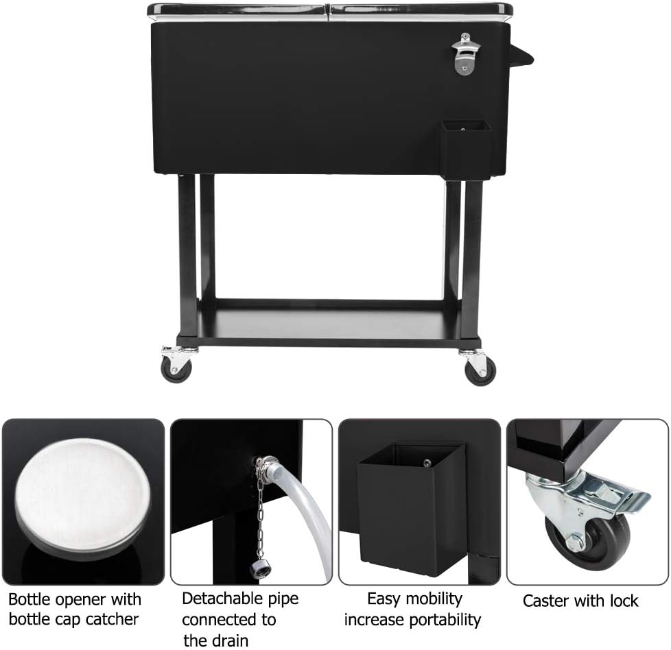 80 Quart Rolling Ice Chest Cooler Cart with Shelf and Bottle Opener L58934