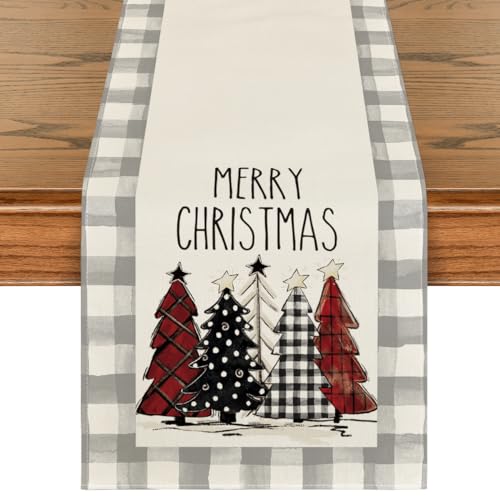 Buffalo Plaid Christmas Trees Table Runner, Winter Holiday Kitchen Dining Decor, 13 x 108 Inch D48516