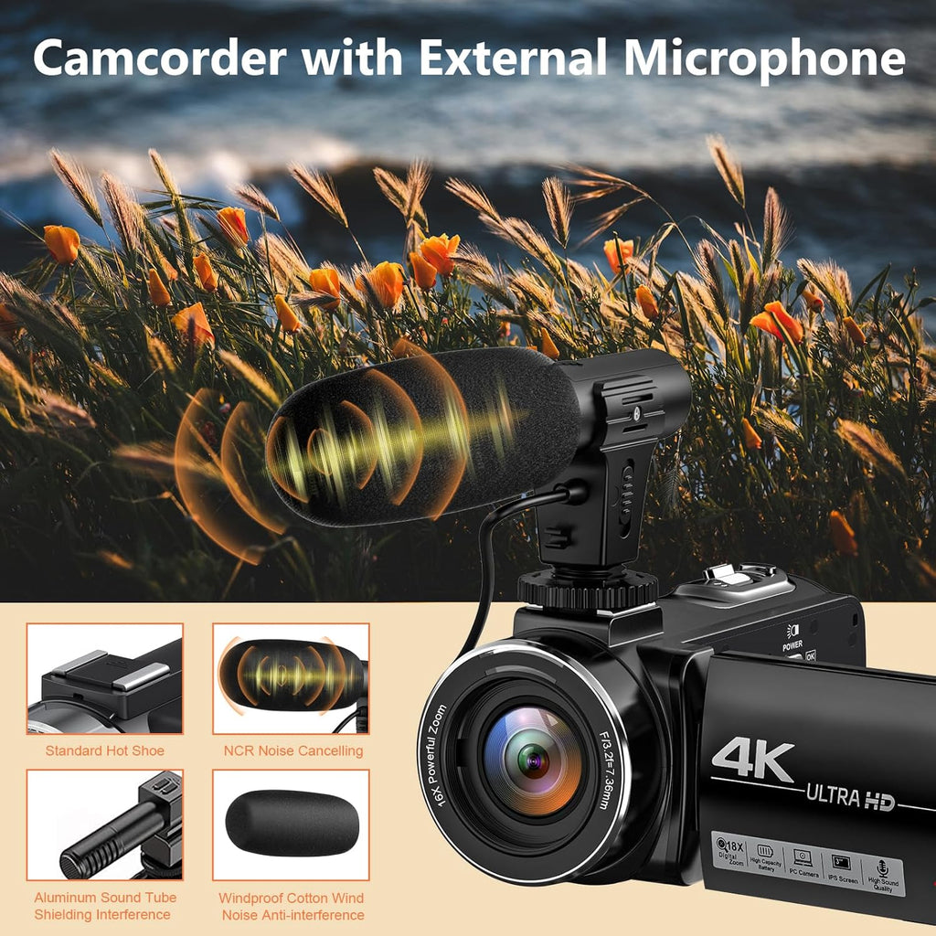 4K Camcorder Ultra HD 44MP Vlogging Camera with 18X Zoom and 3.0" Screen M9295