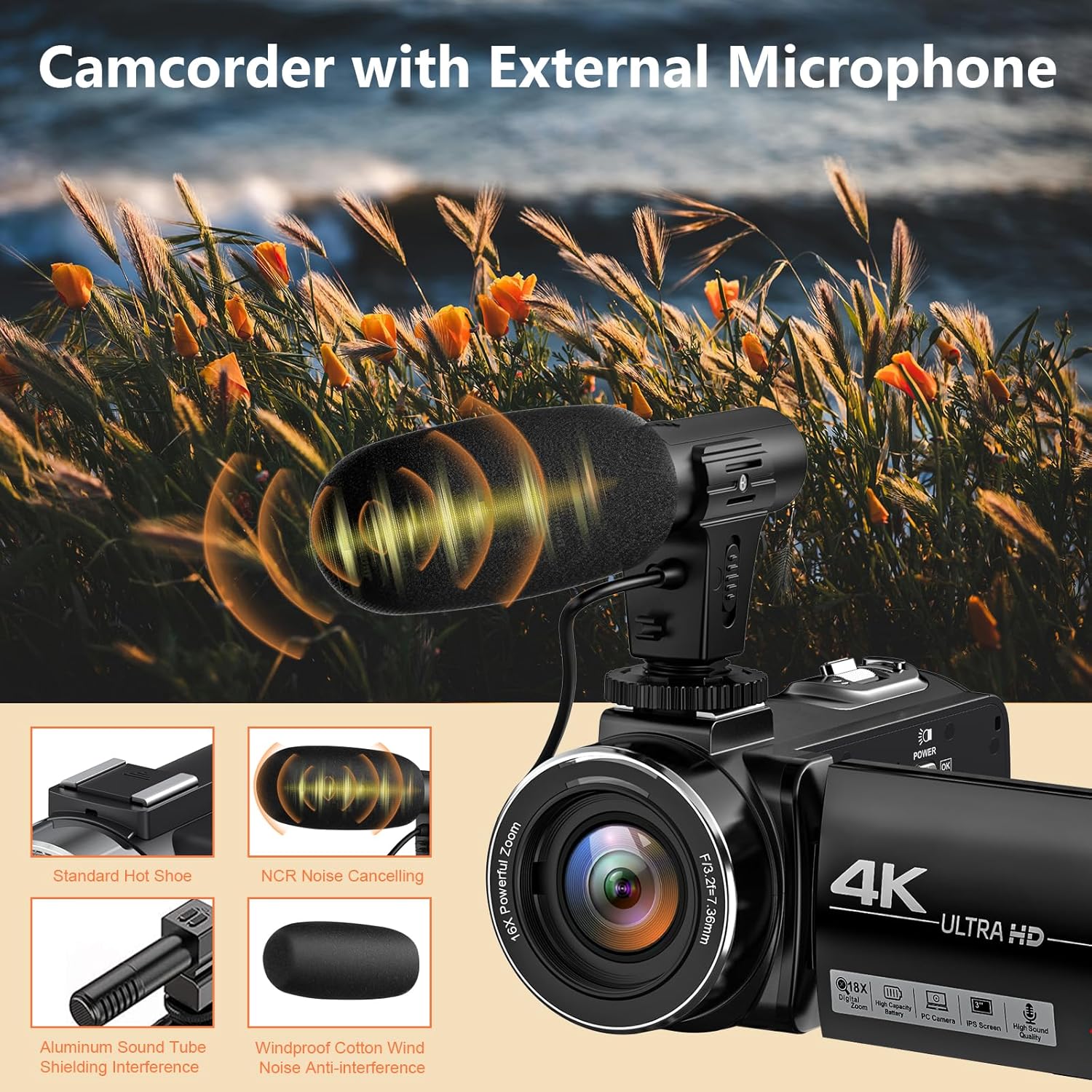 4K Camcorder Ultra HD 44MP Vlogging Camera with 18X Zoom and 3.0" Screen M9295
