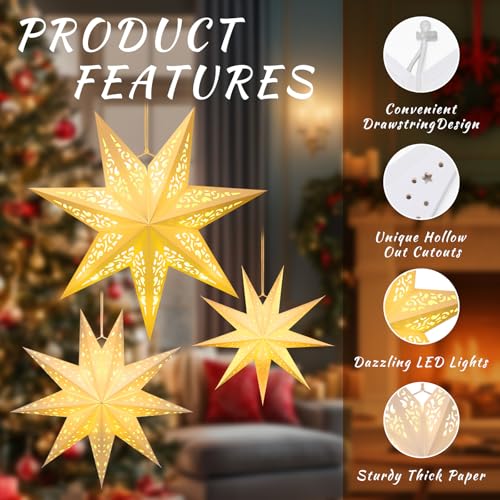 6 Pcs Christmas Paper Star Lanterns with LED Light, Hanging Ornament for Xmas Party Indoor Outdoor Decor N186