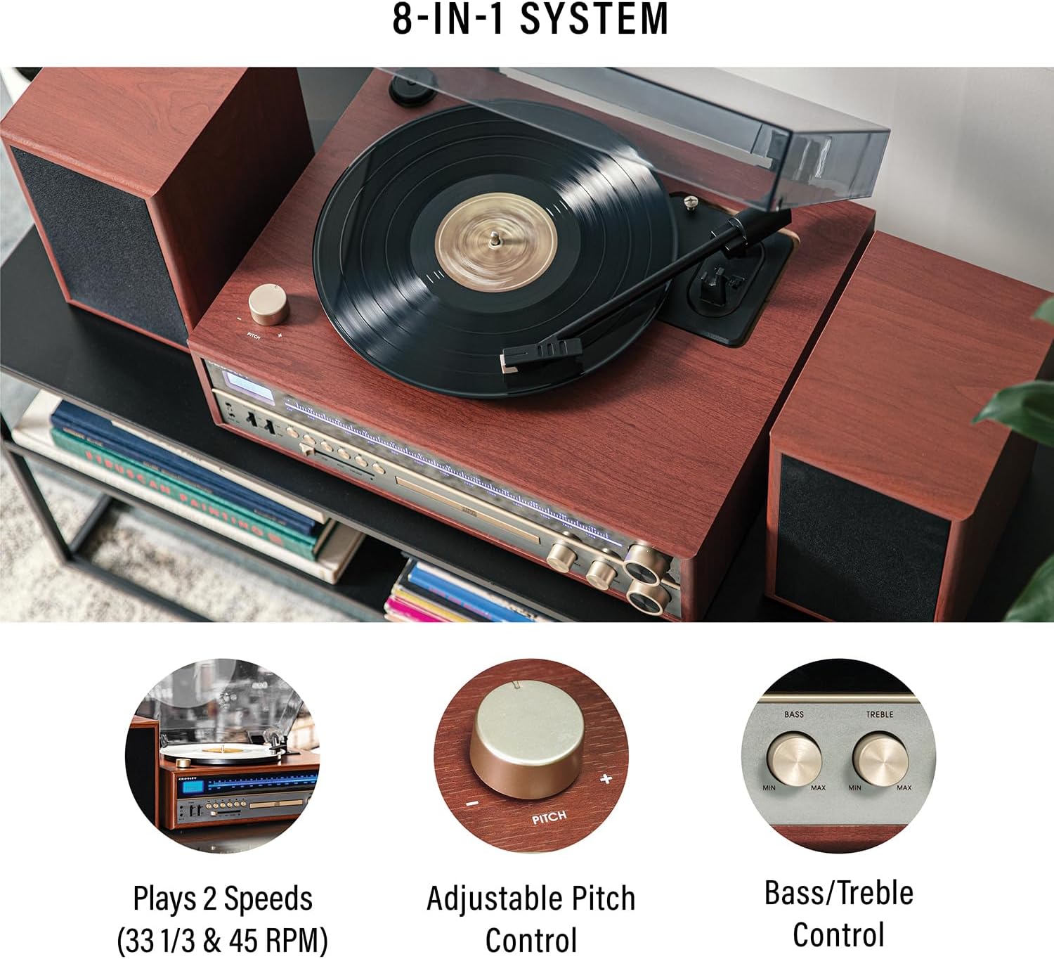 Turntable System with Bluetooth, CD, AM/FM and Speakers, Walnut S1743