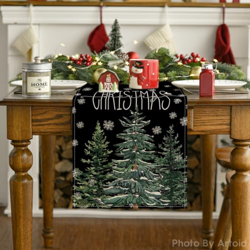 Beige Pine Tree Snowflake Christmas Table Runner, Winter Holiday Kitchen Dining Decoration, 13 x 72 Inch B27382