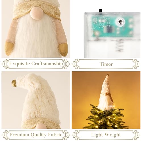 Lighted Christmas Tree Topper Gnome with Timer, 16.5 Inch White and Gold, Battery Operated B444