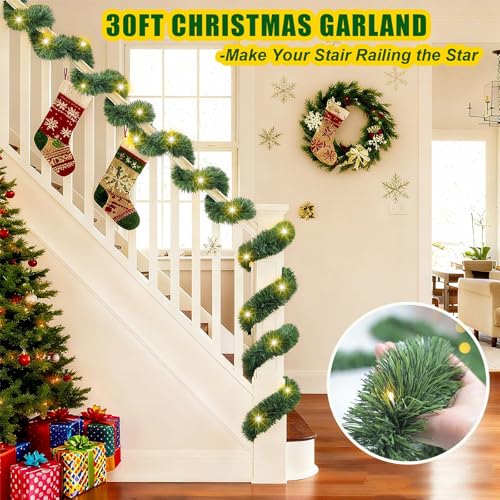 30ft Battery Operated Pre-Lit Christmas Garland with Timer for Indoor Outdoor Decor G3316