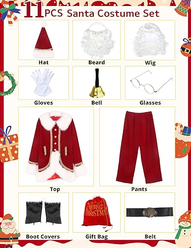 Men's Deluxe Santa Claus Costume 11pcs Red Christmas Outfit X313210