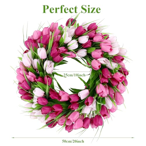 20 Inch Tulip Wreath with Green Leaves for Front Door Spring Summer Decor U733613