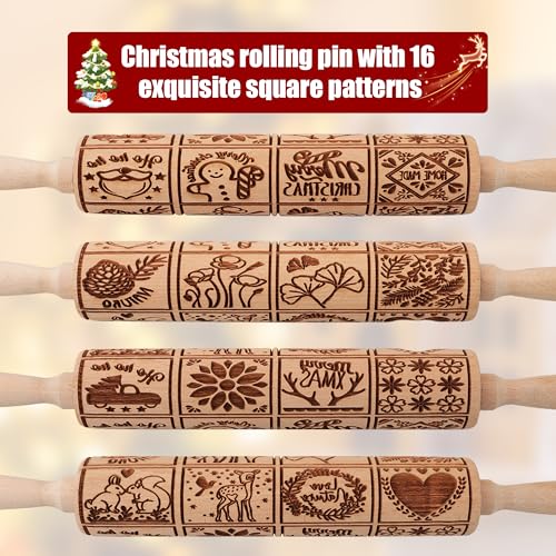 17" Wooden Rolling Pin for Baking with Christmas Embossed Designs, 3mm Deep Cookie Molds, Includes Cleaning Brush L8431