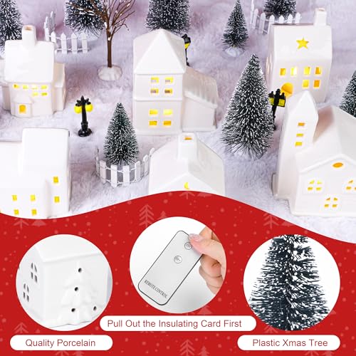 37 Pieces Porcelain Christmas Village Set with 6 Lighted Houses and Remote Control W932515