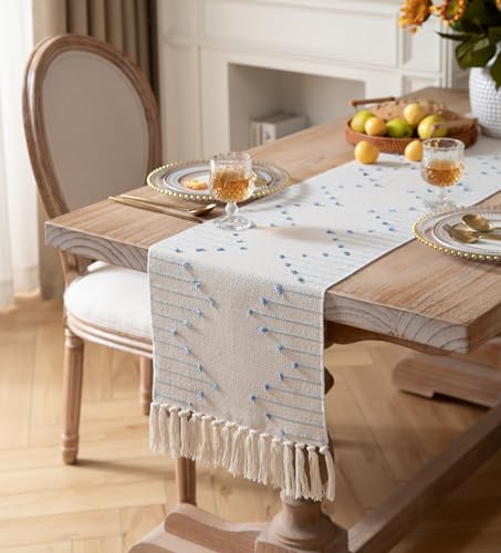 Christmas Table Runner 13 x 90 Inch Cotton Woven with Tassels Red and Beige B398787
