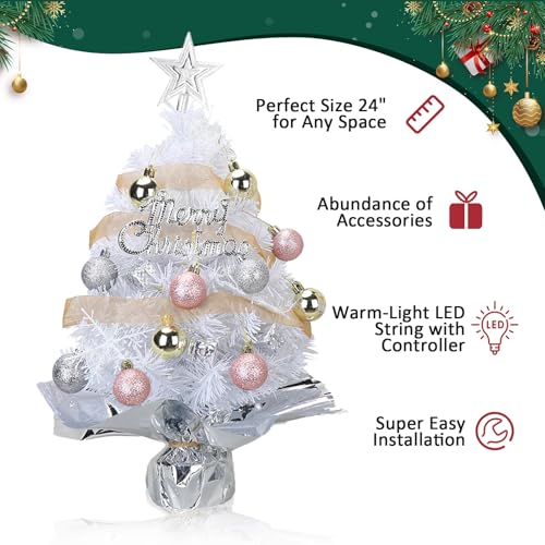 Mini Christmas Tree with 50 LED Lights, 24 Inch Tabletop Prelit Artificial Tree U511