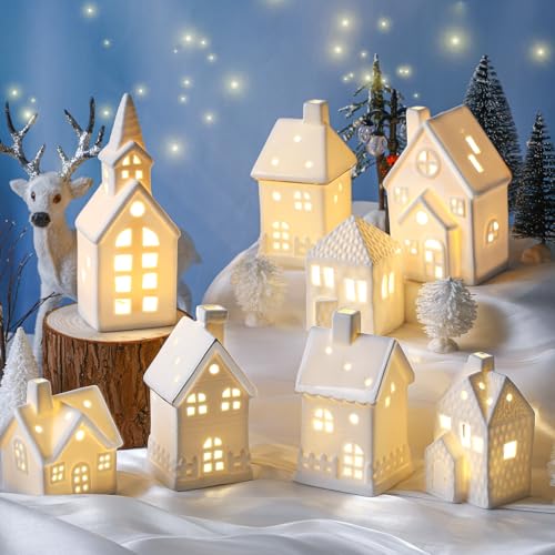 28 Pcs Ceramic LED Christmas Village Set with Houses, Trees & Lamp Posts Y25286