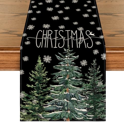 Beige Pine Tree Snowflake Christmas Table Runner, Winter Holiday Kitchen Dining Decoration, 13 x 72 Inch B27382
