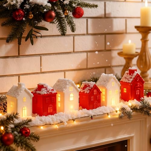Ceramic Christmas Village Houses LED Lighted Set for Tabletop Mantel Decor K3883