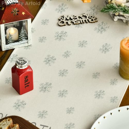Beige Pine Tree Snowflake Christmas Table Runner, Winter Holiday Kitchen Dining Decoration, 13 x 72 Inch B27382