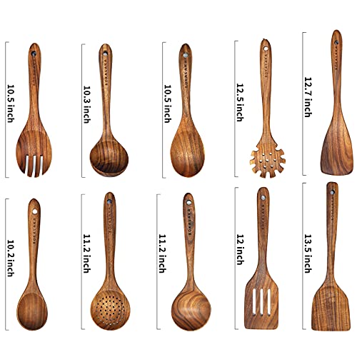 Natural Teak Wooden Spoons for Cooking, 10-Piece Kitchen Utensil Set I607645