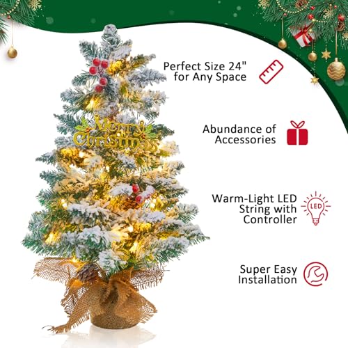 Mini Christmas Tree with 50 LED Lights, 24 Inch Tabletop Prelit Artificial Tree U511