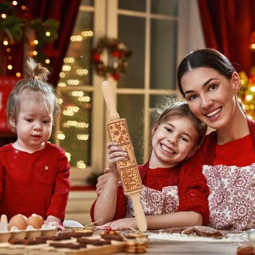 17" Wooden Rolling Pin for Baking with Christmas Embossed Designs, 3mm Deep Cookie Molds, Includes Cleaning Brush L8431