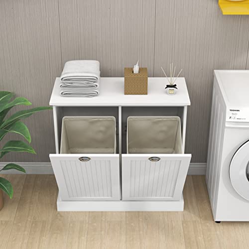 Tilt Out Trash Cabinet Laundry Sorter with Storage (White) U7684