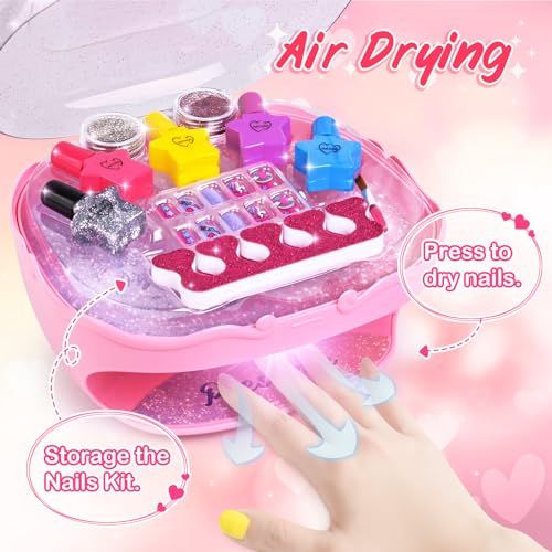 Nail Polish Kit for Girls Ages 7-12, Nail Art Studio with Pink Nail Dryer T44069