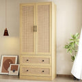 FAMAPY 2 Rattan Door Wardrobe Closet with 2 Drawers and Shelves, Farmhouse Armoire Wardrobe Closet with Hanging Rod, Black Metal Handles, Closet for Bedroom Oak (31.5”W x 19.7”D x 70.9”H)
