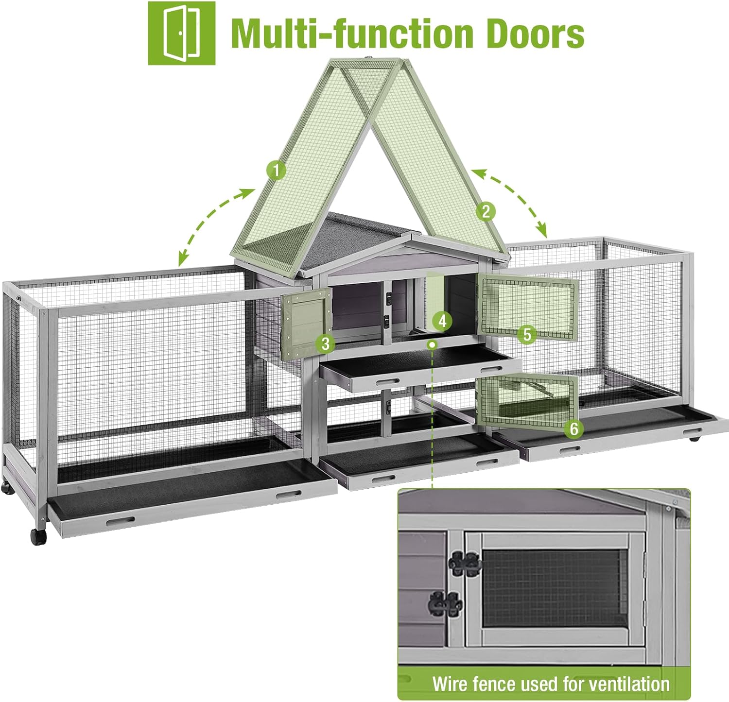 Large Rabbit Hutch Indoor Outdoor with Wheels and Pull Out Trays K6181