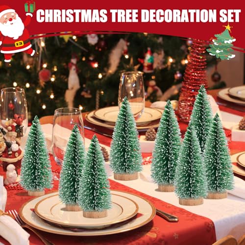 12 Pcs Mini Christmas Trees with Lights, 4" Artificial Bottle Brush Trees with Wooden Bases P243973