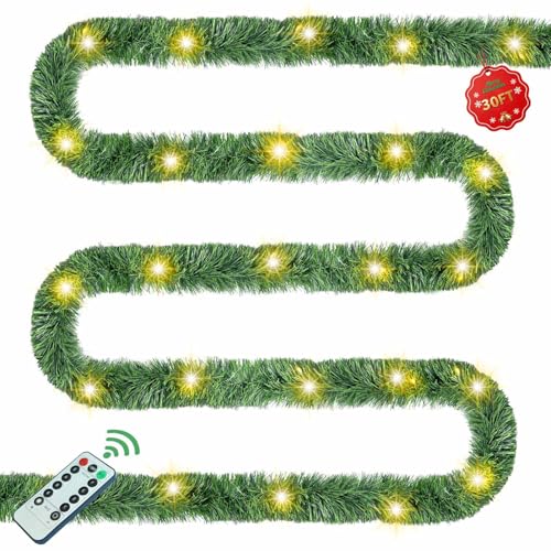 30ft Battery Operated Pre-Lit Christmas Garland with Timer for Indoor Outdoor Decor G3316