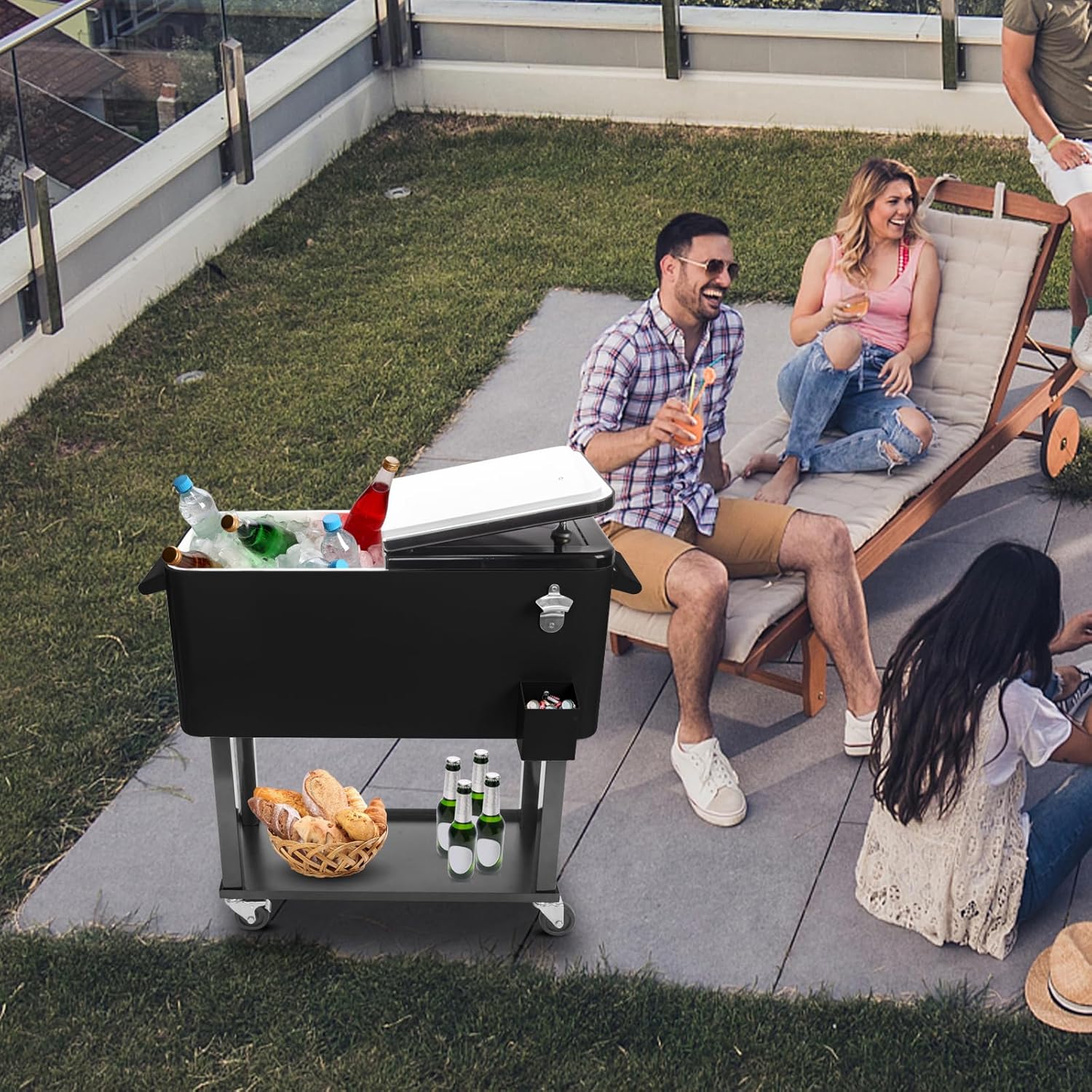80 Quart Rolling Ice Chest Cooler Cart with Shelf and Bottle Opener L58934