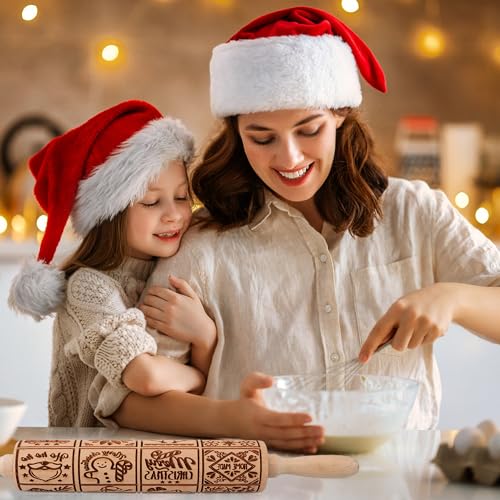 17" Wooden Rolling Pin for Baking with Christmas Embossed Designs, 3mm Deep Cookie Molds, Includes Cleaning Brush L8431