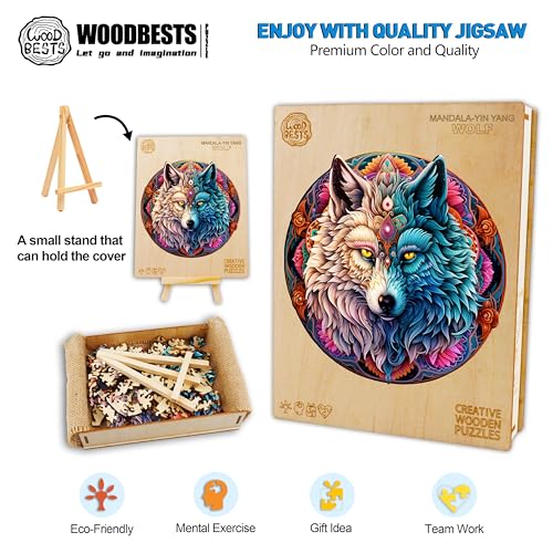 Wooden Puzzle for Adults, Mandala Yin Yang Wolf, 190 Pieces A623