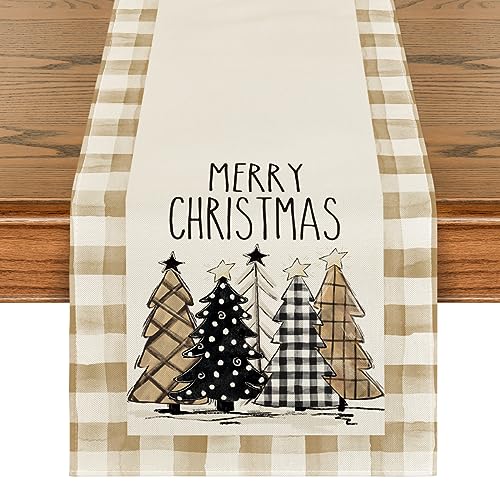 Buffalo Plaid Christmas Trees Table Runner, Winter Holiday Kitchen Dining Decor, 13 x 108 Inch D48516