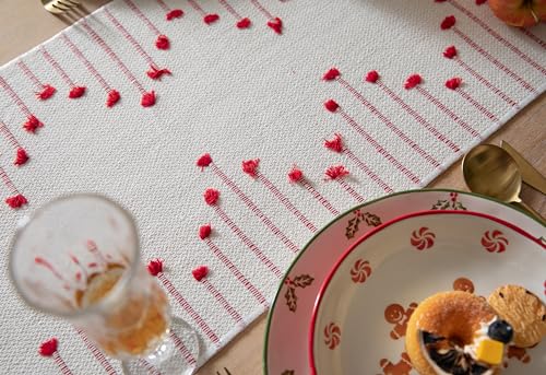 Christmas Table Runner 13 x 90 Inch Cotton Woven with Tassels Red and Beige B398787