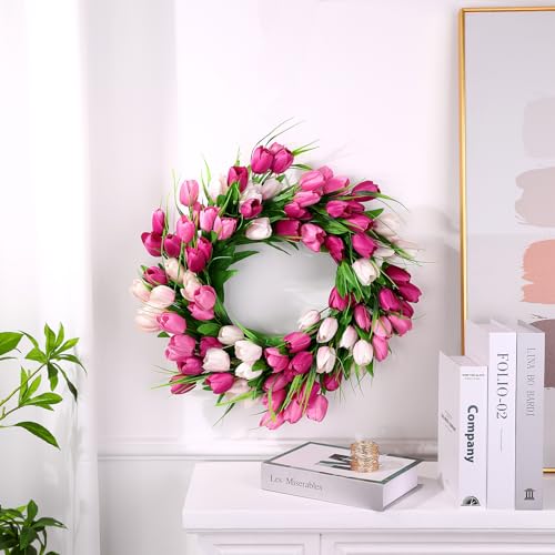20 Inch Tulip Wreath with Green Leaves for Front Door Spring Summer Decor U733613