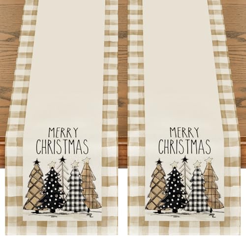 Buffalo Plaid Christmas Trees Table Runner, Winter Holiday Kitchen Dining Decor, 13 x 108 Inch D48516
