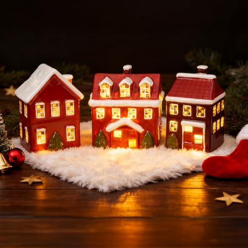 Ceramic Christmas Village Houses, Set of 3 Lighted Hand Painted Indoor Decor A969