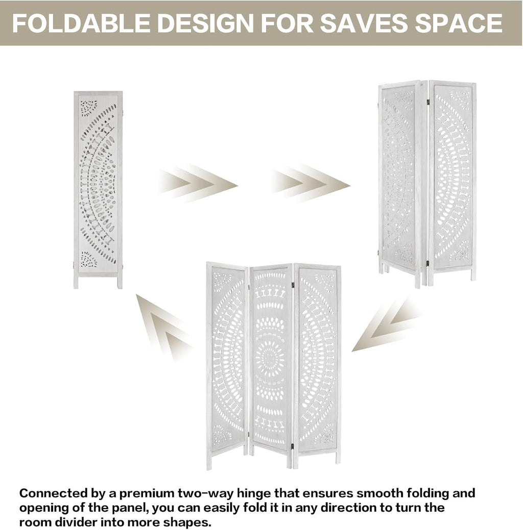 3 Panel Carved Wood Room Divider, 5.6ft Tall Folding Privacy Screen, White V742056