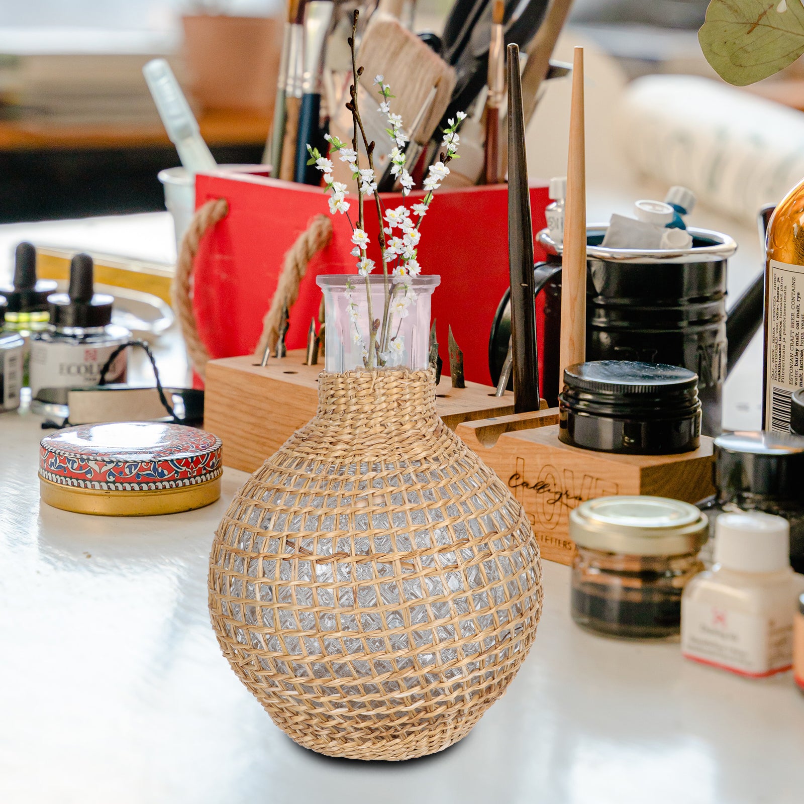 Rattan Glass Vase with Gold Terrarium Jar H3246