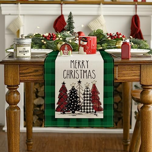 Buffalo Plaid Christmas Trees Table Runner, Winter Holiday Kitchen Dining Decor, 13 x 108 Inch D48516