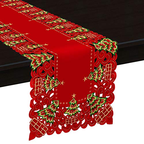 Embroidered Christmas Holly Tree Table Runner, Rectangular 16 x 72 Inch J70567