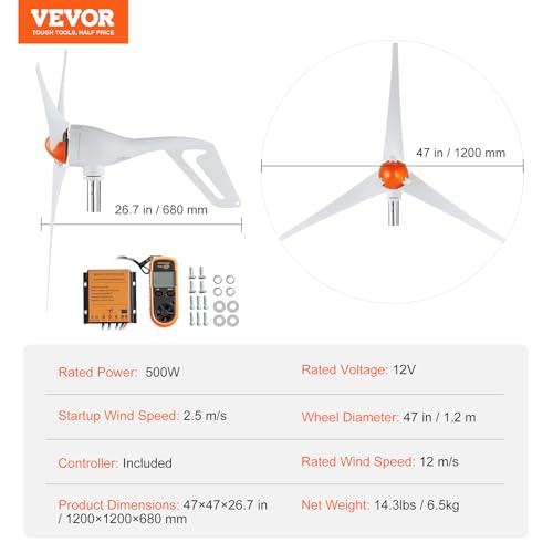 500W Wind Turbine Generator, 12V with MPPT Controller, 3-Blade C13368