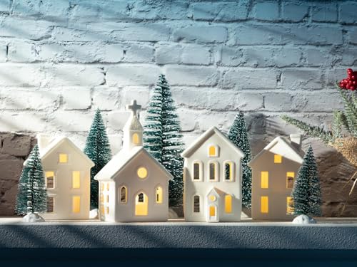 7PCS Christmas Village Sets - 3 LED Lighted Ceramic Houses with Remote & 4 Trees D535