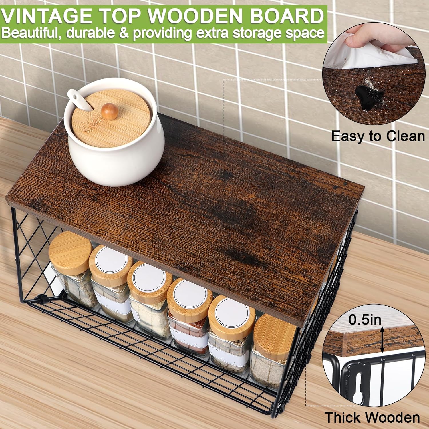 Fruit Basket for Kitchen Counter with Hooks, Stackable Wire Storage T944935