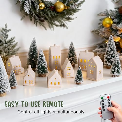 Christmas Village Set with 7 Ceramic Houses, LED Lights and 8 Snow Trees Y449