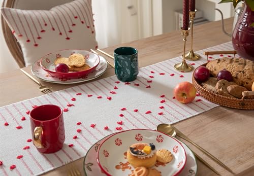 Christmas Table Runner 13 x 90 Inch Cotton Woven with Tassels Red and Beige B398787