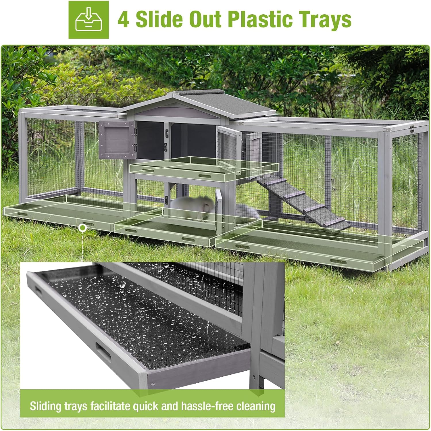 Large Rabbit Hutch Indoor Outdoor with Wheels and Pull Out Trays K6181